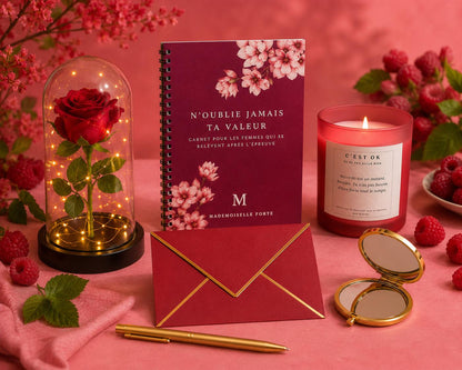 Box Reconstruction Mademoiselle Forte avec bougie artisanale parfum Framboise, carnet, miroir, rose éternelle et accessoires bien-être.
